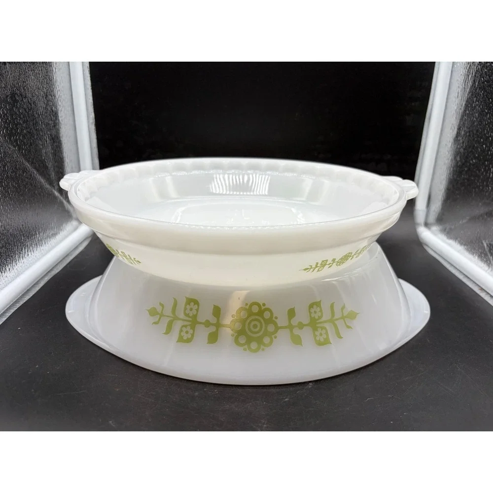 2 Piece Meadow Green Divided Serving Dish & Pie Plate Milk Glass Vintage